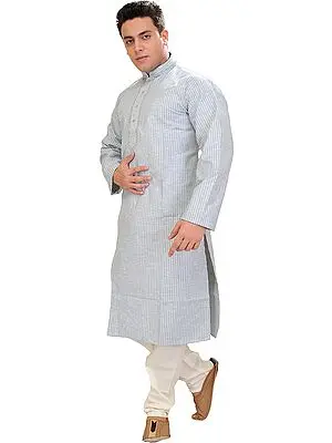 Kurta Pajama with Thread Embroidery on Neck and Woven Stripes