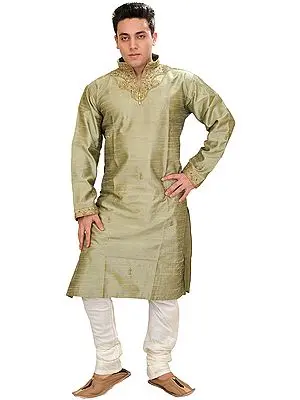 Basil-Green Wedding Kurta Pajama with Embroidered Beads
