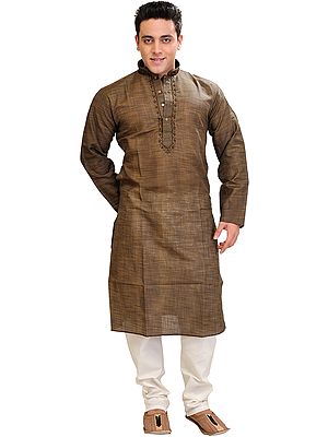 Ivy-Green Khadi Kurta Pajama with Thread-Embroidery on Neck