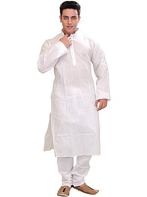 Bright-White Kurta Pajama with Woven Stripes