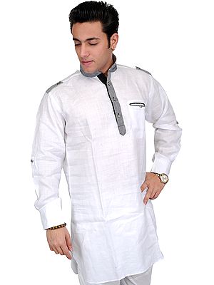 White Designer Men's Short Kurta with Front Pocket
