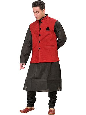 Three Piece Wedding Kurta Pajama Set with Poly-Velvet Jacket