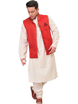Three Piece White Kurta Pajama Set with Poly-Jute Waistcoat