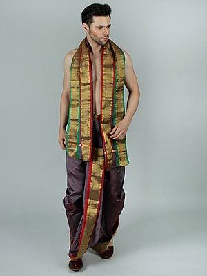 Ready to Wear Dhoti and Veshti Set with Woven Golden Border
