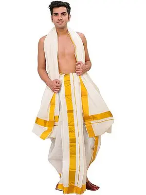 Snow-White Dhoti and Veshti Set from Kerala with Wide Golden Border
