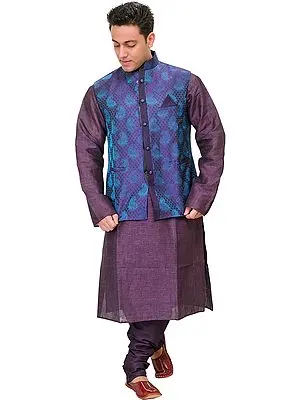 Wineberry-Purple Three Piece Kurta Pajama Set with Brocaded Waistcoat