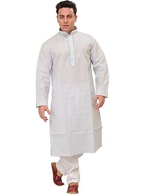 Pure Cotton Kurta Pajama with Woven Checks and Thread Embroidery on Neck