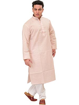 Pure Cotton Kurta Pajama with Woven Checks and Thread Embroidery on Neck