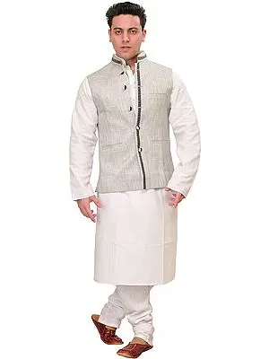 Frost-Gray Three Piece Kurta Pajama Set with Waistcoat