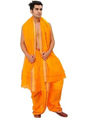 Bright-Marigold Ready to Wear Dhoti and Angavastram Set with Woven  Border