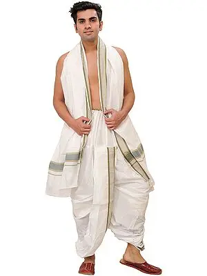 White  Ready to Wear Dhoti and Angavastram Set with Stripesd Border