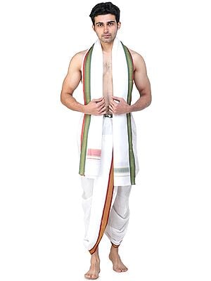 Ready to Wear Dhoti and Angavastram Set with Woven Temple Border