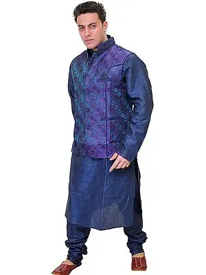 Estate-Blue Three Piece Kurta Pajama Set with Waistcoat