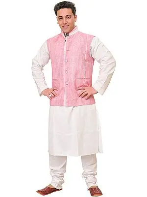 Pink and White Three Piece Plain Kurta Pajama Set with Waistcoat