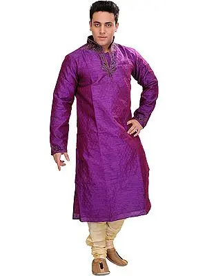 Bright-Violet Kurta Pajama Set with Self-Weave and Beaded Neck