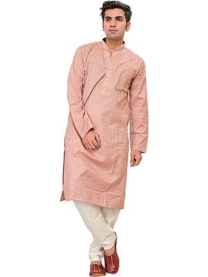 Misty-Rose Kurta Pajama Set with Woven Stripes and Embroidery on Neck