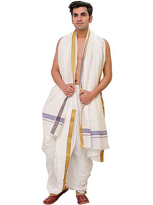 Bright-White Ready to Wear Dhoti and Angavastram Set with Zari-Weave on Border