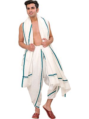 Plain Dhoti and Angavastram Set with Striped Border