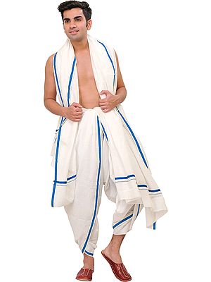 Plain Dhoti and Angavastram Set with Striped Border