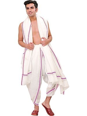 Plain Dhoti and Angavastram Set with Striped Border