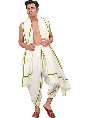 Plain Dhoti and Angavastram Set with Striped Border