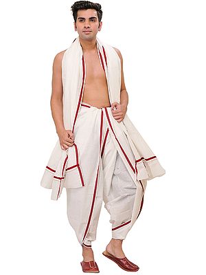 Plain Dhoti and Angavastram Set with Striped Border