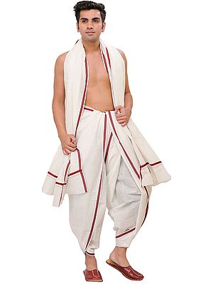Plain Dhoti and Angavastram Set with Striped Border