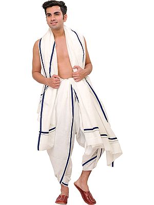Plain Dhoti and Angavastram Set with Striped Border