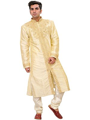 Transparent-Yellow Wedding Kurta Pajama Set with Self-Weave and Hand-Embroidered Beads