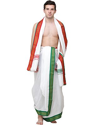 Plain Dhoti and Angavastram Set with Zari-Woven Border