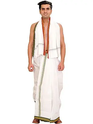 Snow-White Dhoti and Angavastram Set with Woven Border