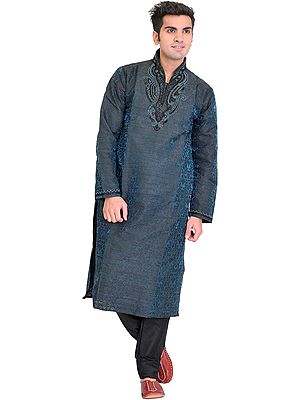 Coral-Blue Wedding Kurta Pajama Set with Embroidered Beads on Neck and Self-Weave