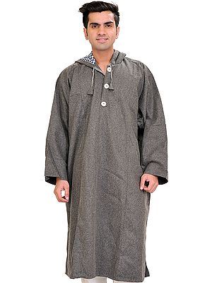 Steel-Gray Pure Wool Phiran from Kashmir with Hood