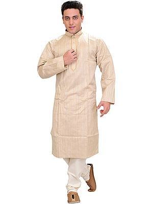 Sandshell Casual Kurta Pajama Set with Woven Stripes and Embroidery on Neck
