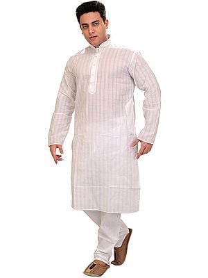 White Casual Kurta Pajama Set with Self Weave Stripes and Embroidery on Neck