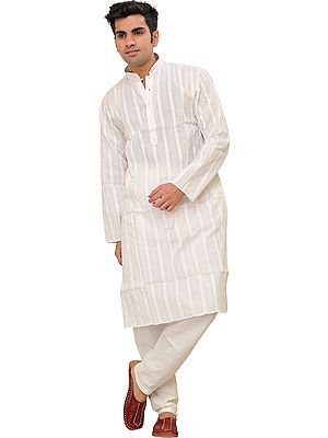 Bright-White Casual Kurta Pajama Set with Self Weave