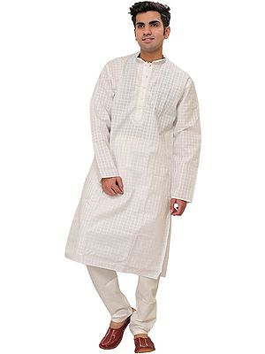 White Casual Kurta Pajama Set with Woven Checks and Embroidery on Neck