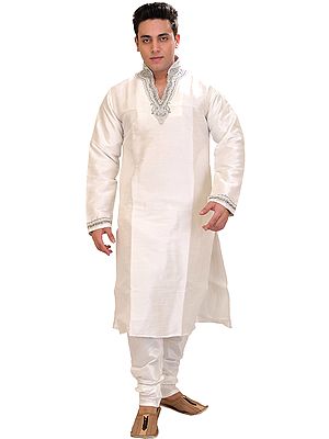 Egret-White Wedding Kurta Pajama Set with Hand-Embroidered Beads