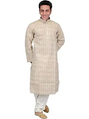 Sand-Shell Casual Kurta Pajama Set with Thread Weave and Embroidery on Neck