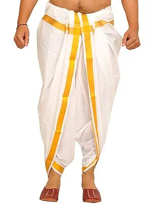 Bright-White Dhoti from Kerala with Woven Golden Border