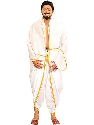 Star-White Dhoti and Angavastram Set with Woven Border in Zari Thread