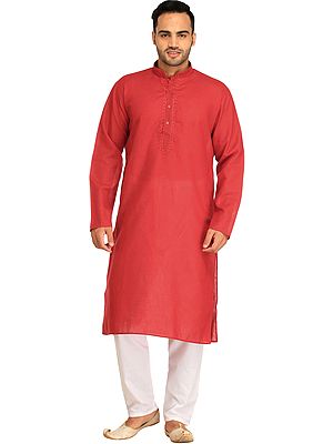 Plain Casual Kurta Pajama Set with Thread-Embroidery on Neck