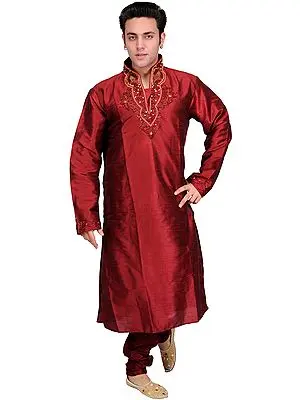Maroon Wedding Kurta Pajama Set with Embroidered Beads