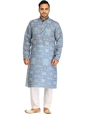 Riviera-Blue Kurta Pajama Set with Printed Mughal Motifs