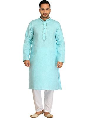 Pastel Kurta Pajama Set with Thread Weave in Self and Embroidery on Neck