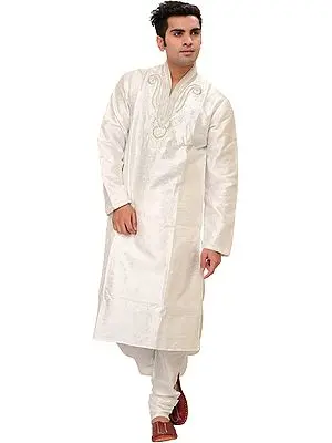 Bright-White Wedding Kurta Pajama Set with Floral Weave and Beads-Embroidery by Hand