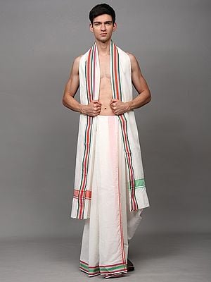 White Dhoti and Angavastram Set with Woven Border