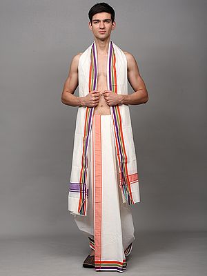 White Dhoti and Angavastram Set with Woven Border