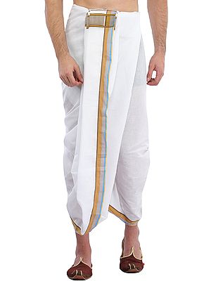 White Dhoti and Angavastram Set with Woven Border