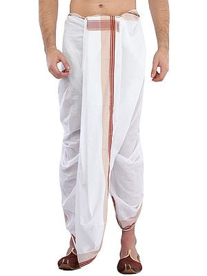 White Dhoti and Angavastram Set with Oxblood Red Woven Border